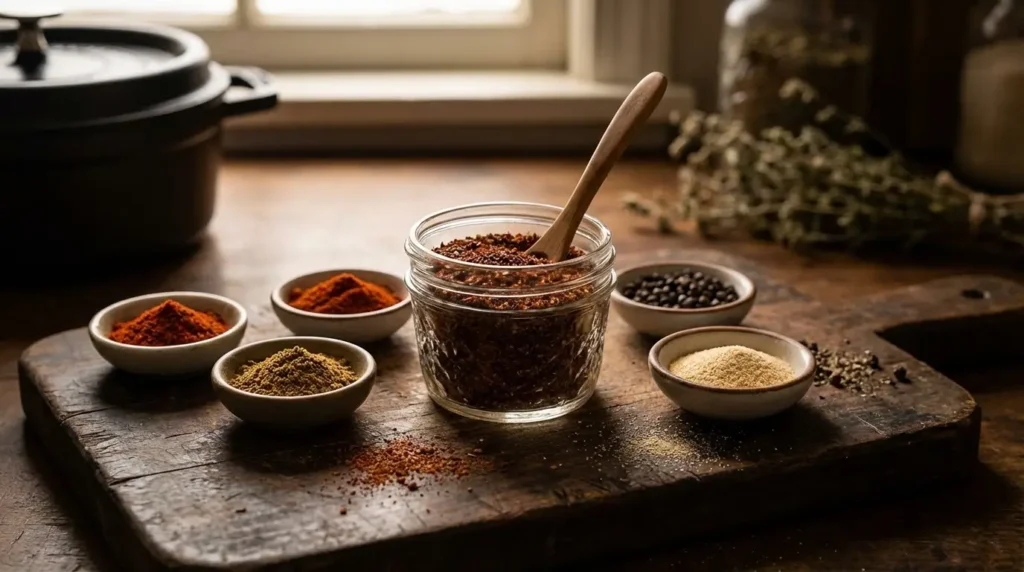 Homemade chili seasoning recipe in a glass jar surrounded by colorful spices on wooden board