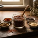 Homemade chili seasoning recipe in a glass jar surrounded by colorful spices on wooden board