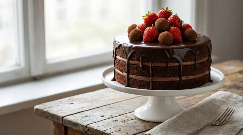 Chocolate ganache drip cake with glossy dark chocolate ganache dripping down sides of layered cake