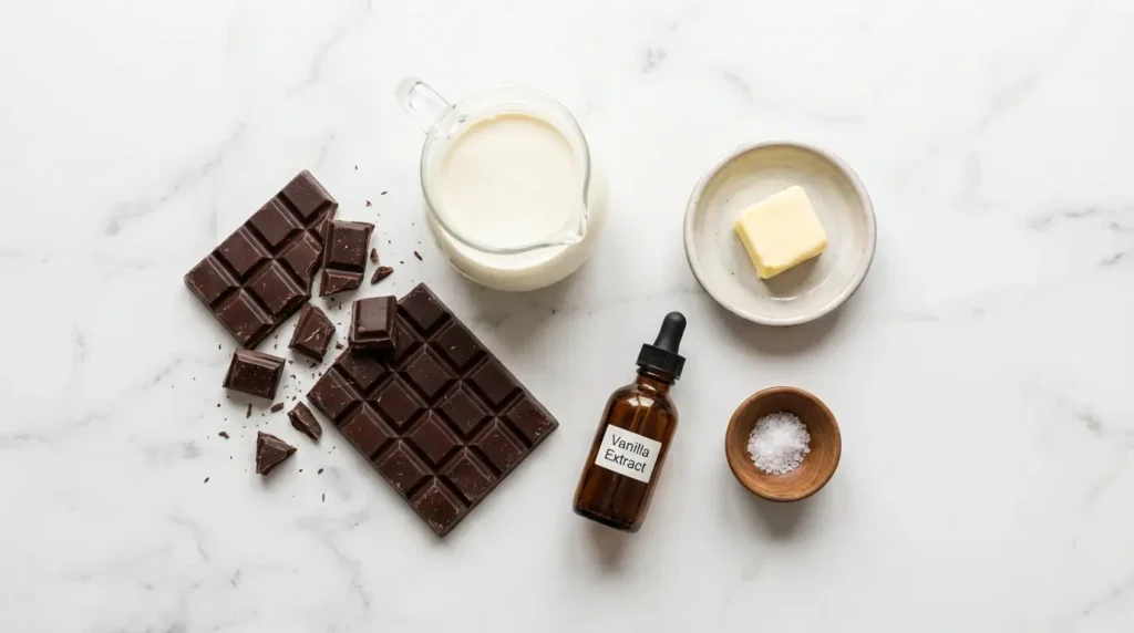 Ingredients for chocolate ganache recipe including dark chocolate and heavy cream on marble surface