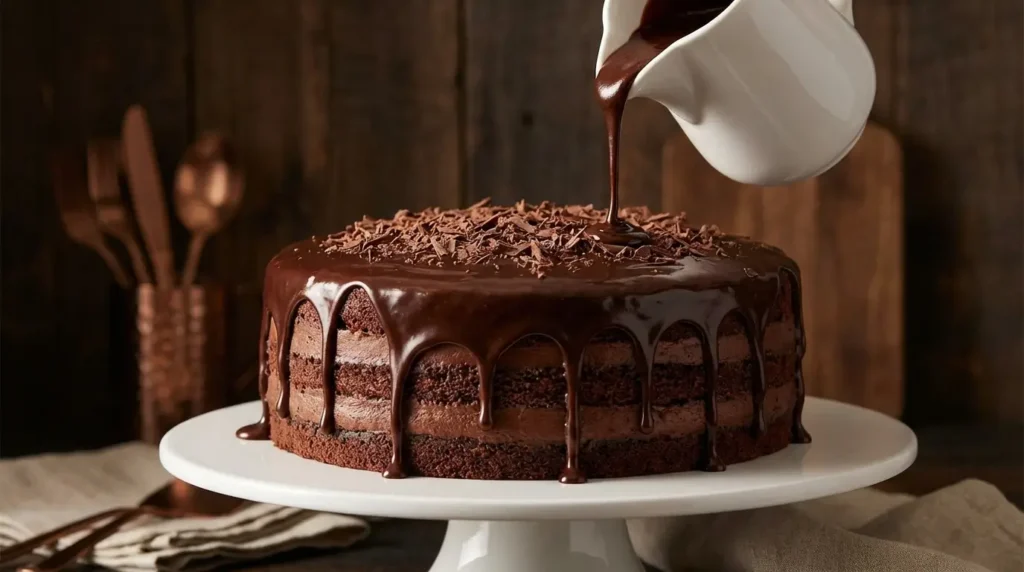 Chocolate ganache recipe being poured over chocolate cake showing silky glossy texture
