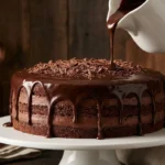 Chocolate ganache recipe being poured over chocolate cake showing silky glossy texture