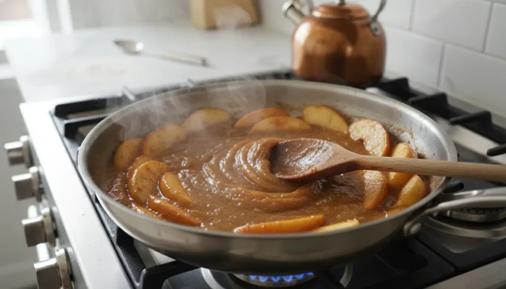 Cooking apple pie filling in skillet showing apple slices simmering in cinnamon sugar sauce on stovetop