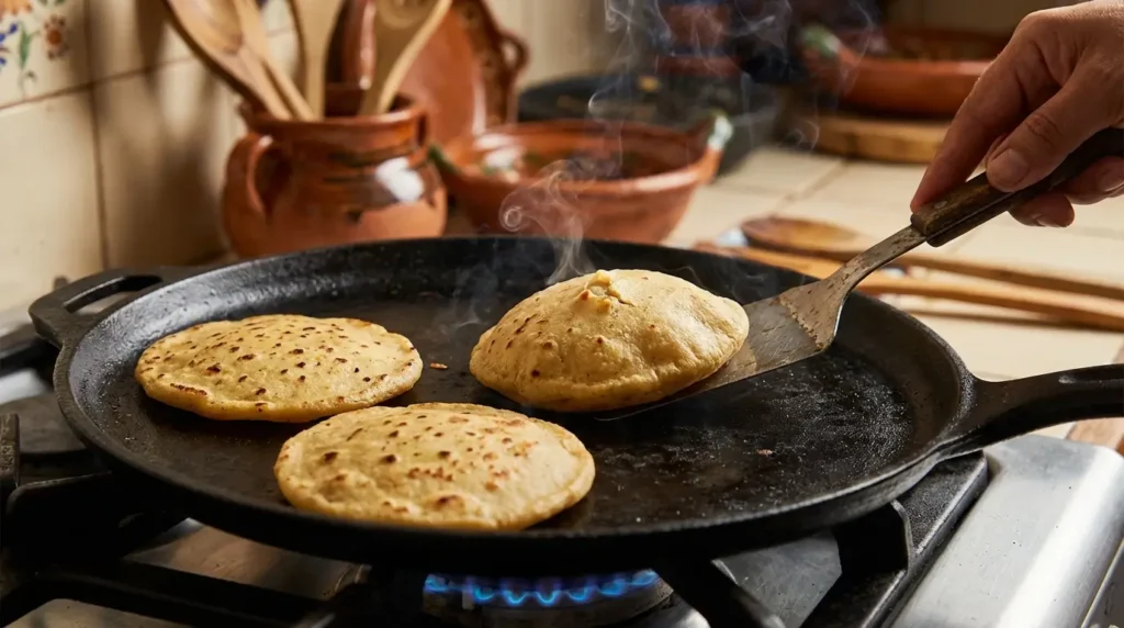 Cooking gorditas on cast iron comal griddle showing golden corn cakes puffing up with steam on stovetop