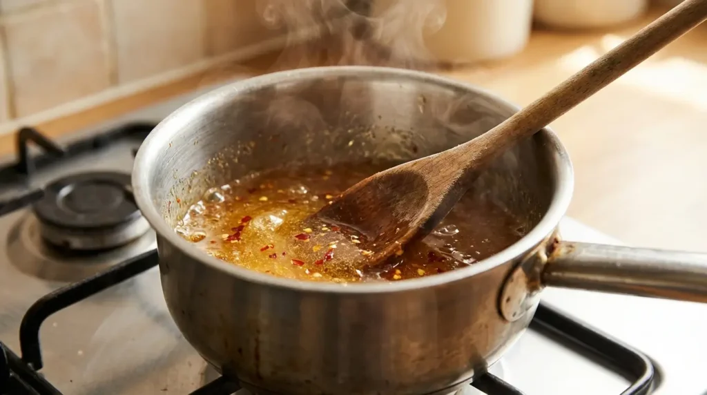 Heating honey and chili flakes in saucepan on stove to make homemade hot honey