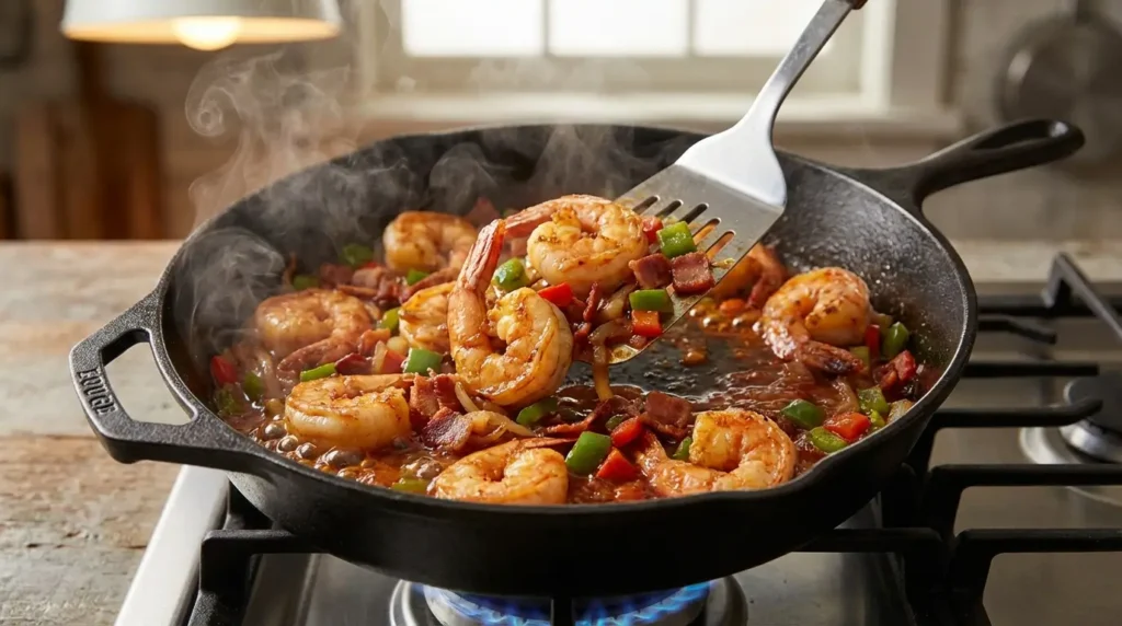 Cooking seasoned shrimp with beef bacon and vegetables in cast iron skillet for shrimp and grits