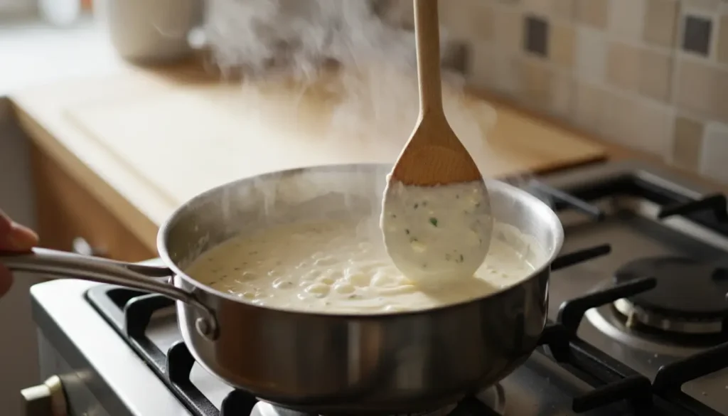 Cooking white pasta sauce in pan showing cream simmering with melted butter and garlic on stovetop