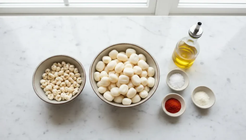 Ingredients for corn nuts recipe showing dried giant white corn kernels next to soaked plump kernels