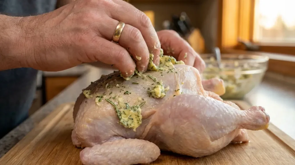 Rubbing garlic herb butter under skin of Cornish hen before roasting for juicy flavorful meat