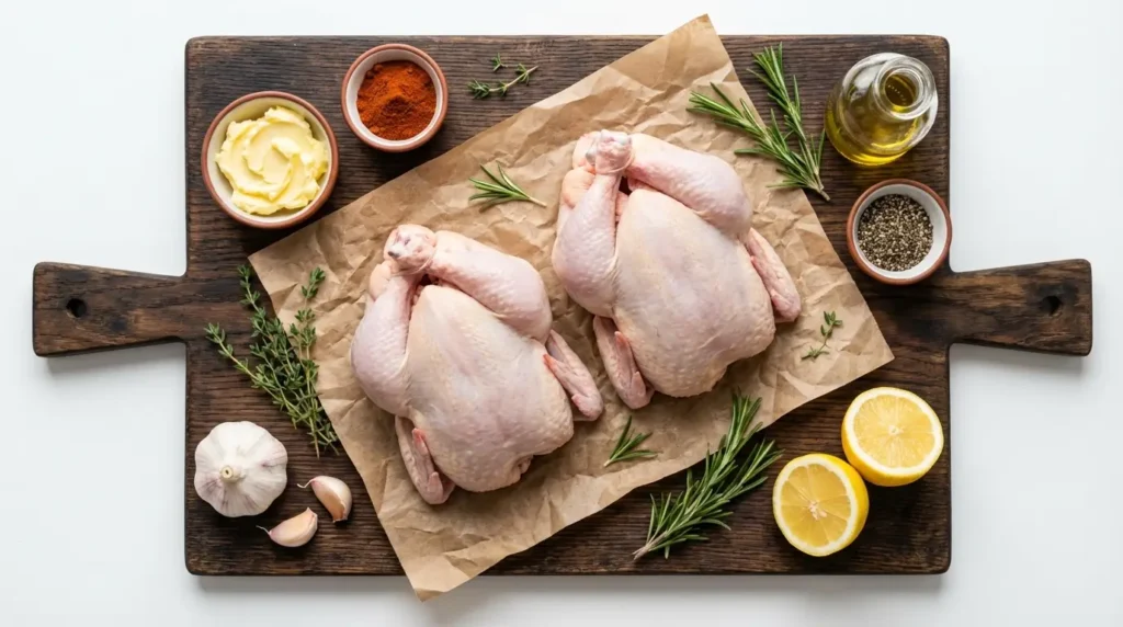 Ingredients for Cornish hen recipe including whole hens butter garlic herbs lemon and spices