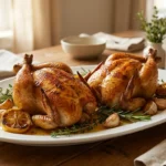 Cornish hen recipe roasted golden crispy skin on white plate with herbs and lemon
