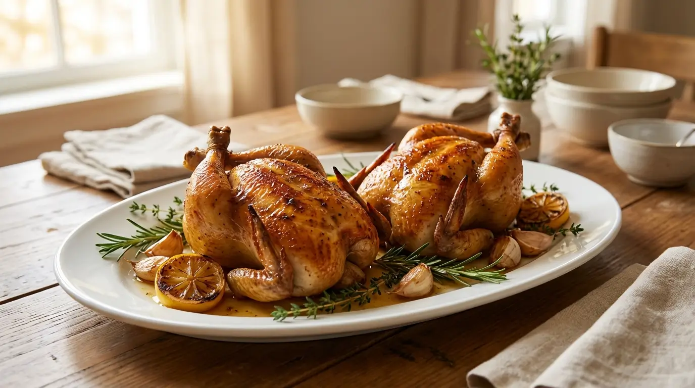 Cornish hen recipe roasted golden crispy skin on white plate with herbs and lemon