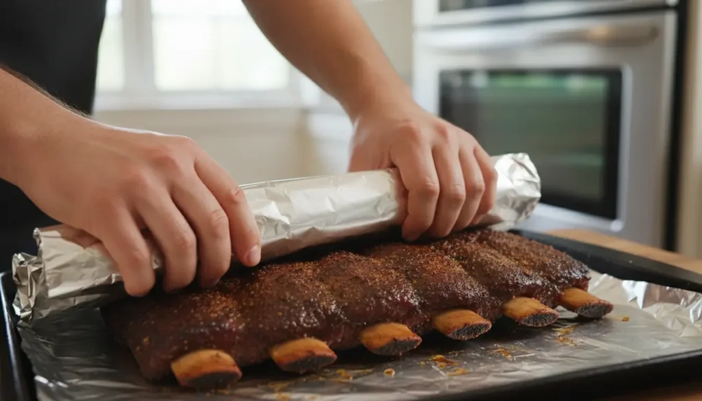 Wrapping seasoned beef ribs in aluminum foil packet for oven baking to keep them tender and juicy
