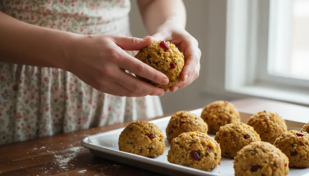 Hands forming bread stuffing mixture into balls showing proper technique for 1940s vintage recipe preparation