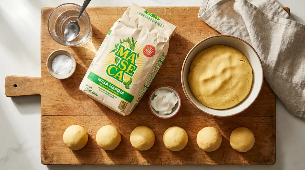 Ingredients for gorditas recipe including masa harina corn flour dough balls lard and salt on wooden board