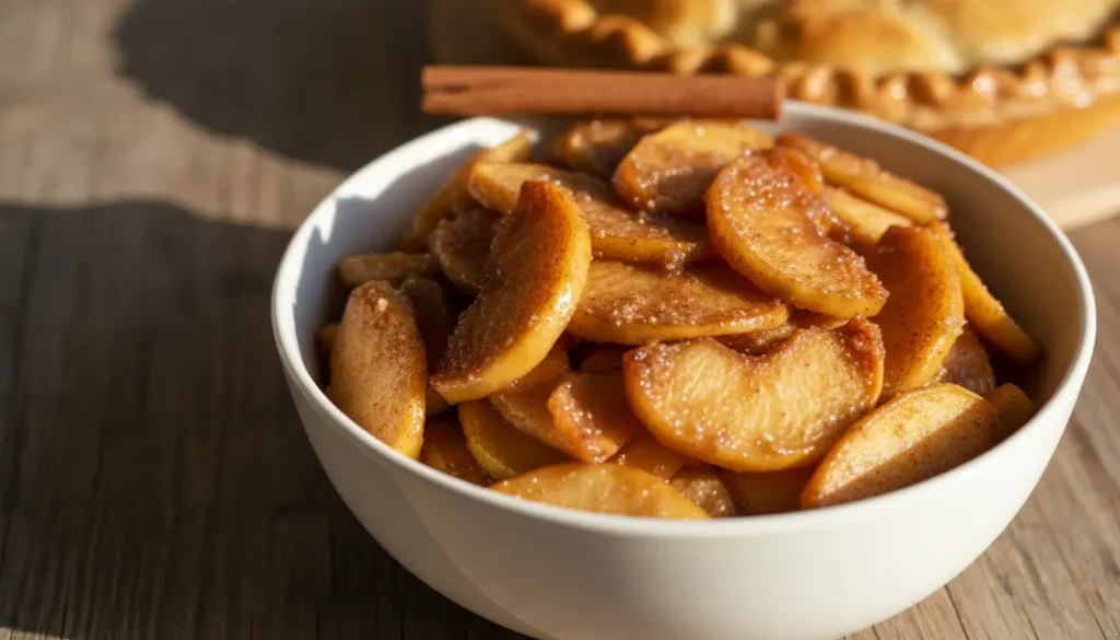 Homemade apple pie filling recipe with cinnamon spiced apple slices in glossy sauce in white bowl