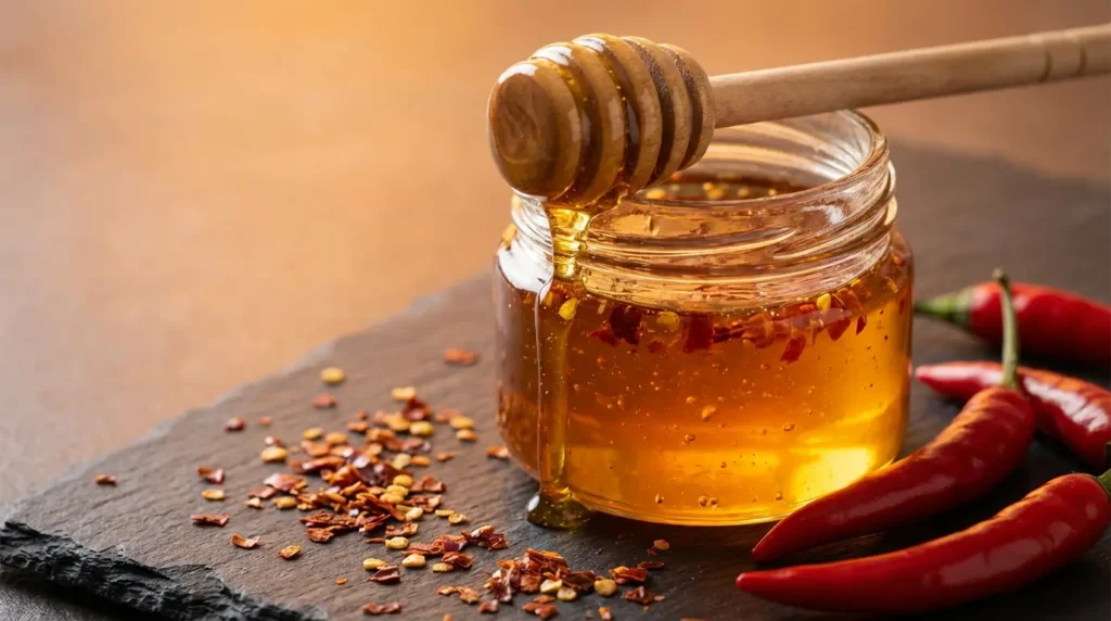 Hot honey recipe in glass jar with honey dipper showing golden spicy honey with chili flakes