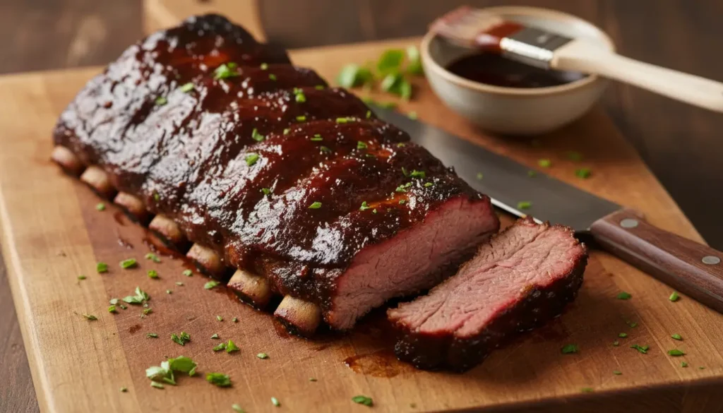 How to bake spare ribs recipe in the oven showing sticky glazed BBQ beef ribs on cutting board with knife
