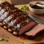 How to bake spare ribs recipe in the oven showing sticky glazed BBQ beef ribs on cutting board with knife