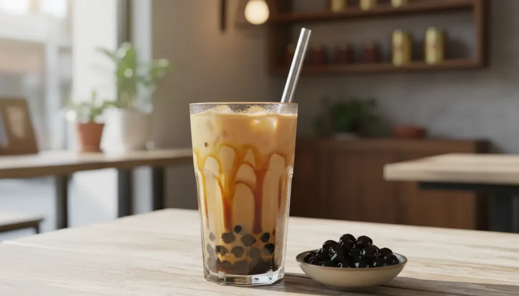 How to make boba tea recipe showing tall glass of milk tea with black tapioca pearls and wide straw