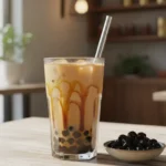 How to make boba tea recipe showing tall glass of milk tea with black tapioca pearls and wide straw