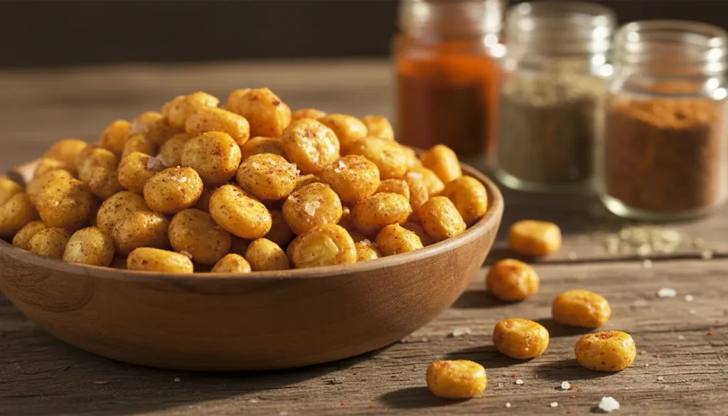 How to make corn nuts recipe showing bowl of golden roasted crunchy corn kernels with seasoning