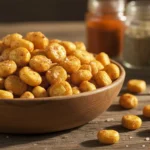 How to make corn nuts recipe showing bowl of golden roasted crunchy corn kernels with seasoning