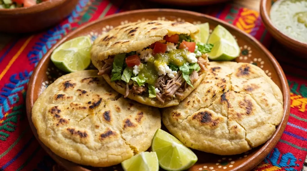 How to make gorditas recipe showing golden puffy corn cakes stuffed with carnitas meat lettuce and salsa on rustic plate