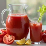 How to make tomato juice recipe showing glass pitcher of fresh homemade tomato juice with glass and tomatoes on table