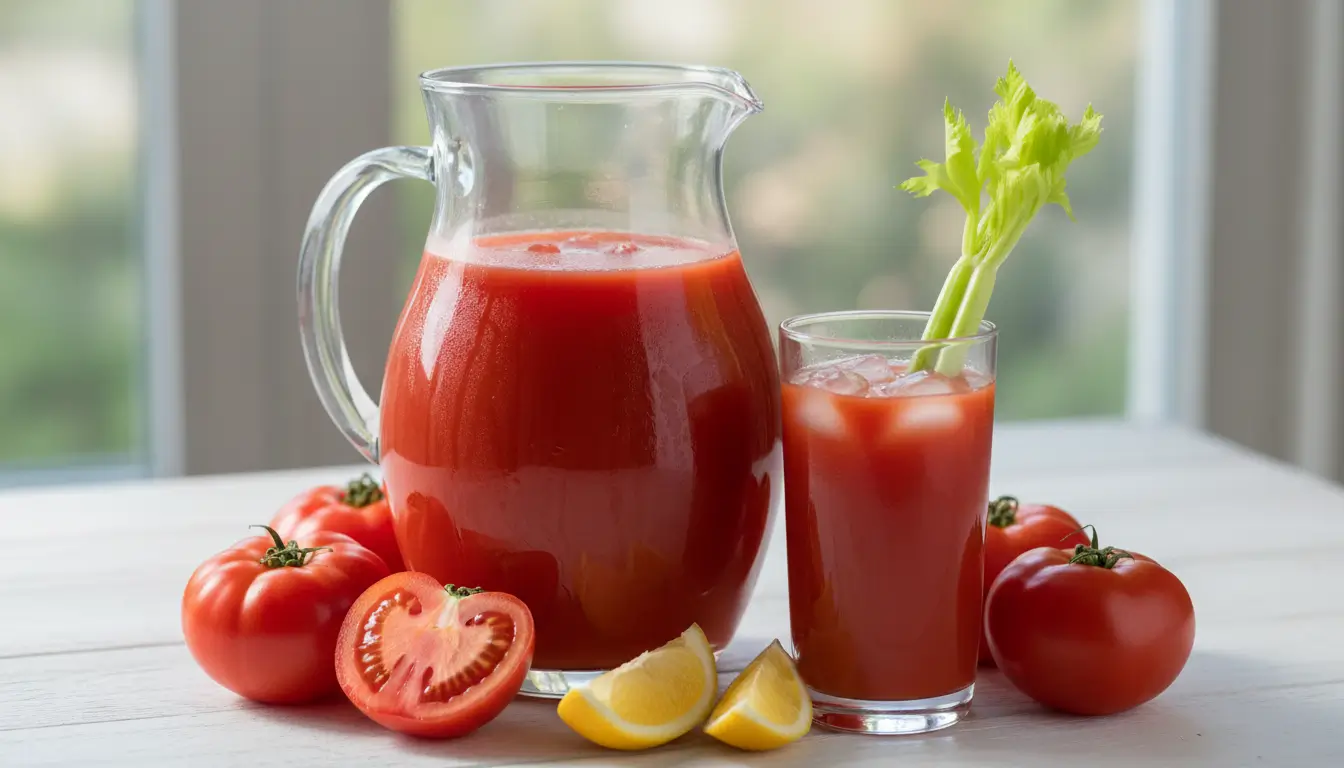 How to make tomato juice recipe showing glass pitcher of fresh homemade tomato juice with glass and tomatoes on table