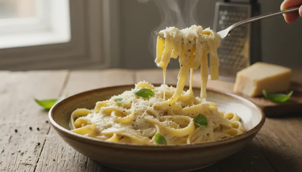 How to make white pasta sauce recipe with creamy garlic Parmesan sauce coating fettuccine pasta in skillet