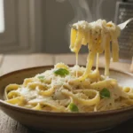 How to make white pasta sauce recipe with creamy garlic Parmesan sauce coating fettuccine pasta in skillet