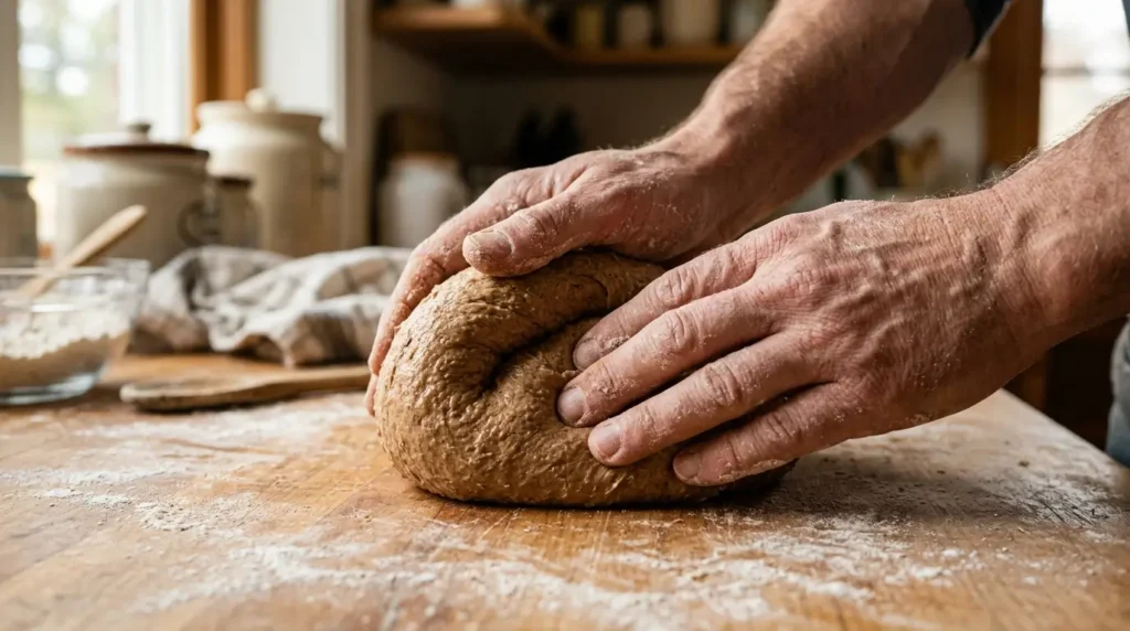 Kneading whole wheat bread dough on floured surface until smooth and elastic