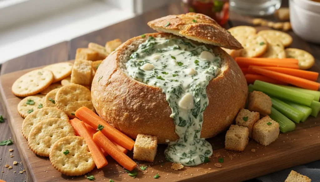 Knorr spinach dip recipe in bread bowl surrounded by crackers and vegetables for party