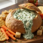 Knorr spinach dip recipe in bread bowl surrounded by crackers and vegetables for party
