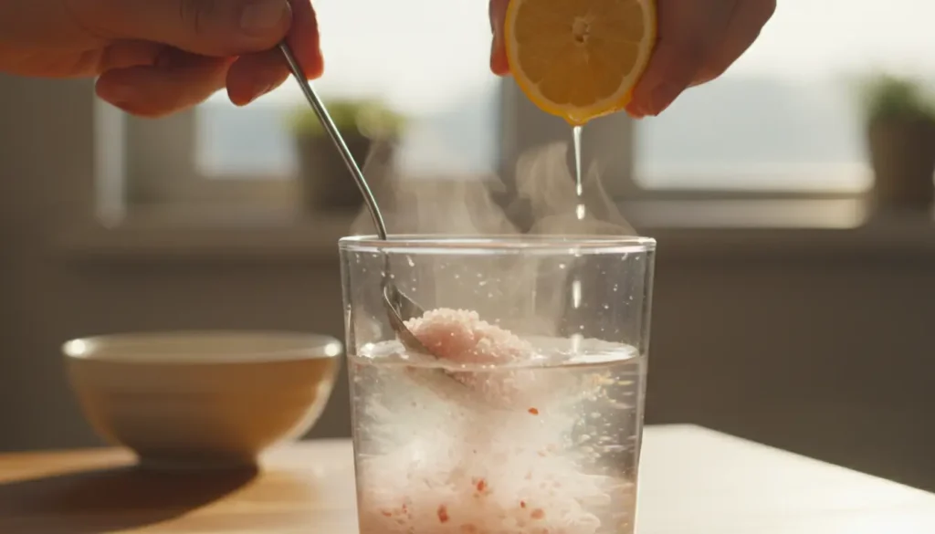 Stirring pink salt into warm lemon water for morning detox recipe