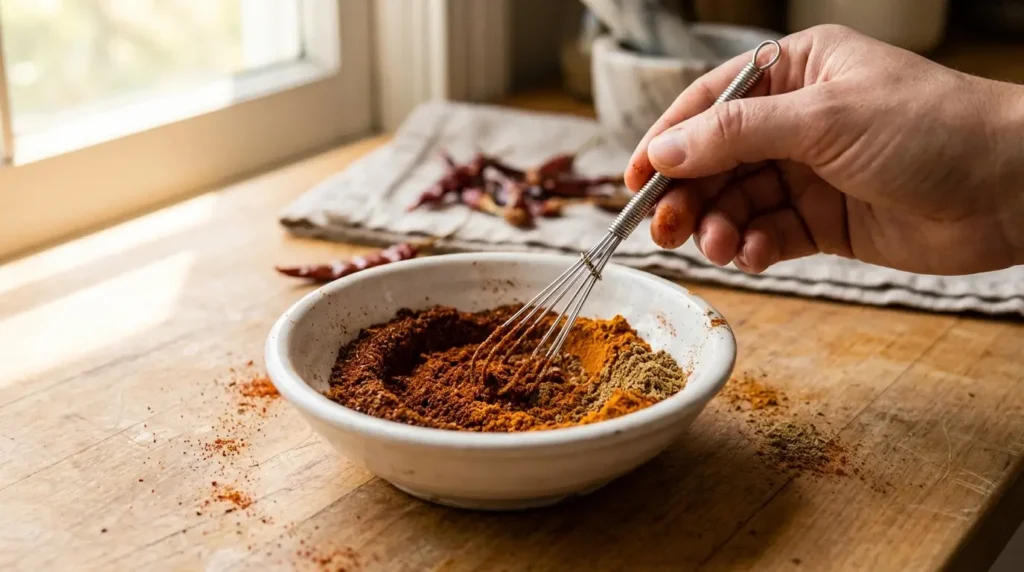 Mixing homemade chili seasoning spice blend in white bowl with small whisk