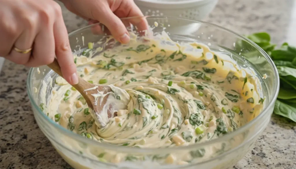 Mixing Knorr spinach dip ingredients in bowl with wooden spoon showing creamy texture