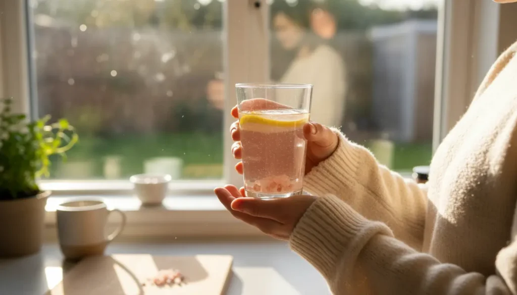 Woman holding glass of pink salt lemon water morning routine wellness