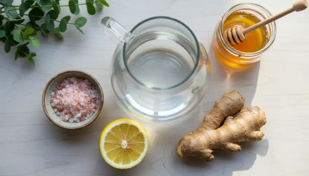 Ingredients for pink salt weight loss drink including Himalayan salt lemon and ginger