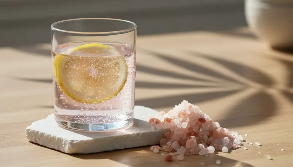 Pink salt recipe for weight loss drink in clear glass with lemon slices and pink salt spoon