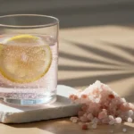 Pink salt recipe for weight loss drink in clear glass with lemon slices and pink salt spoon