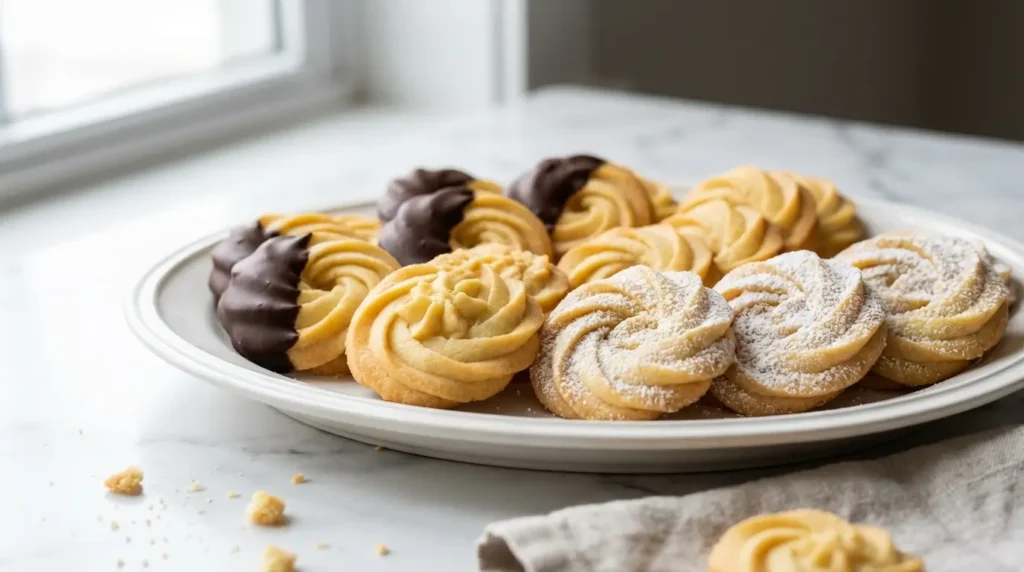 Piping butter cookie dough with star tip onto baking sheet in rosette shapes for classic Danish cookies