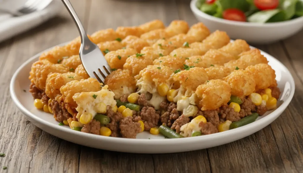 Plated serving of tater tot casserole with crispy golden tots creamy beef filling and melted cheese on white dinner plate