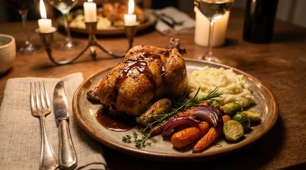 Roasted Cornish hen served on dinner plate with mashed potatoes roasted vegetables and pan drippings