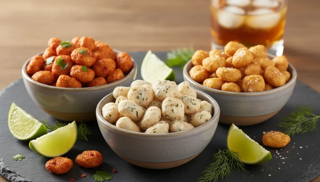 Assorted flavors of homemade corn nuts in small bowls including spicy chili lime ranch and BBQ