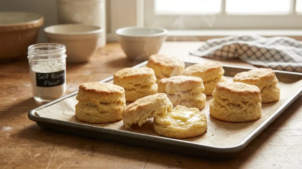Using homemade self rising flour to make fluffy golden biscuits fresh from the oven