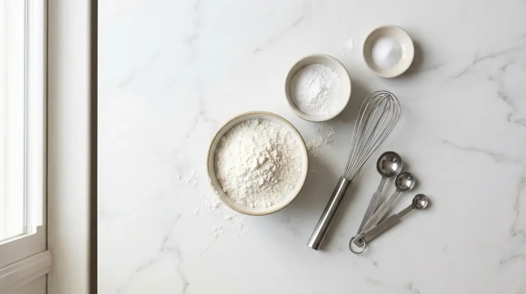 Self rising flour recipe ingredients including all purpose flour baking powder and salt on marble surface