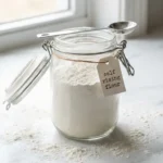 Self rising flour recipe in glass jar with measuring spoon showing homemade flour blend