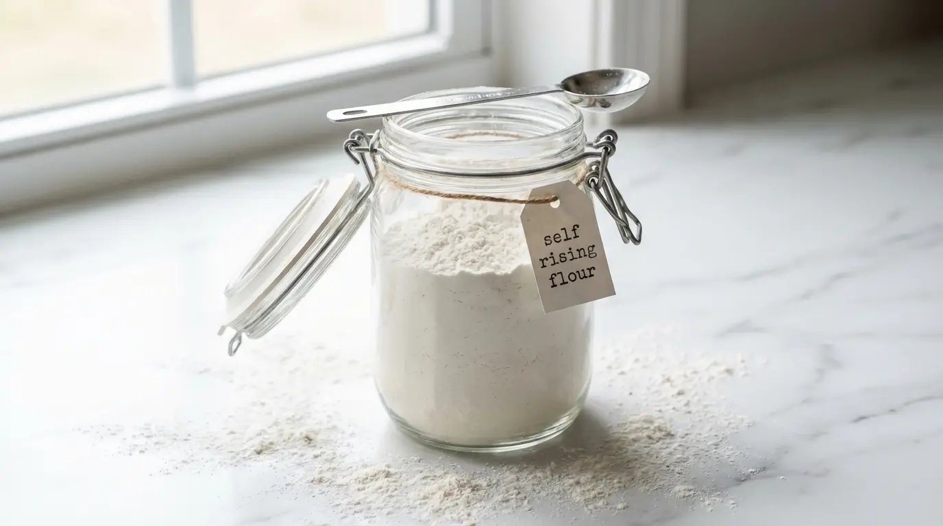 Self rising flour recipe in glass jar with measuring spoon showing homemade flour blend